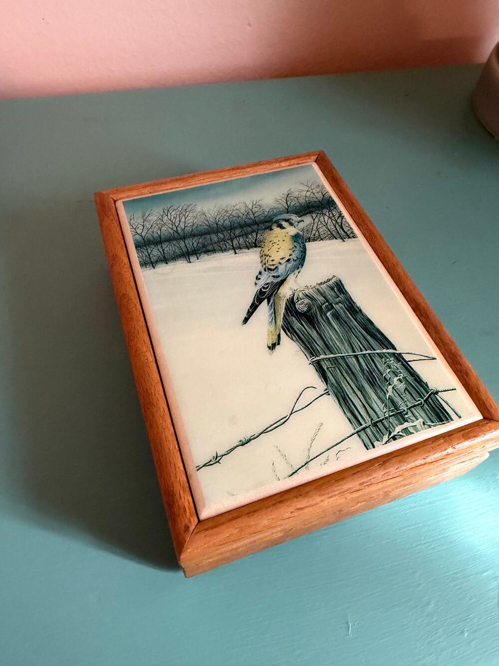 Robert Sissel Signed Wildlife Art Wooden Keepsake Box – Kestrel